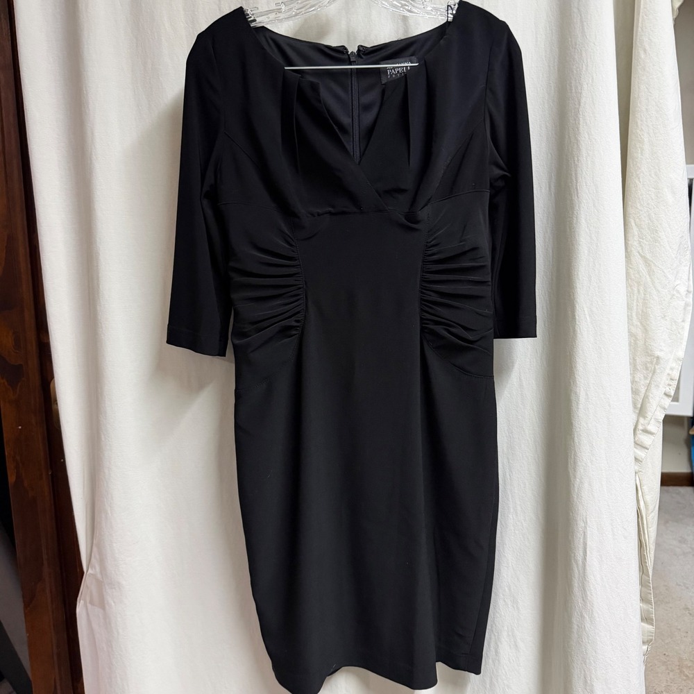 Adrianna Papell Petite Black Ruched Sheath Dress 3/4 Sleeve V-Neck Size 4P